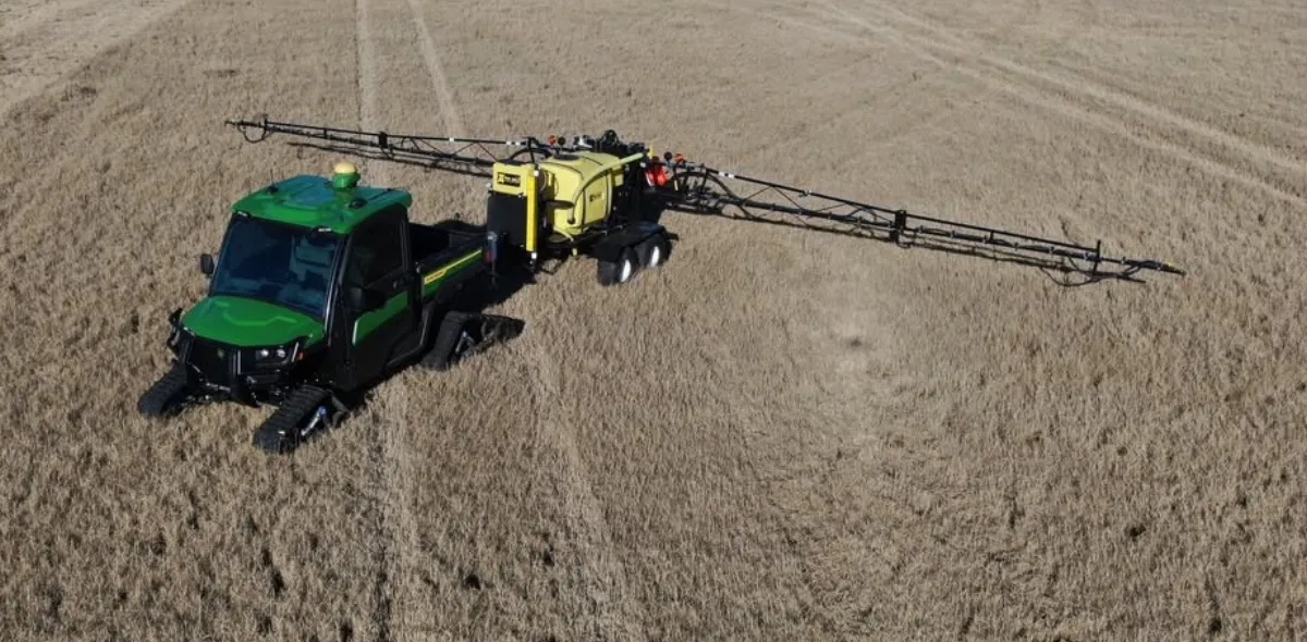 Aerial view of precision ag sprayer working a field